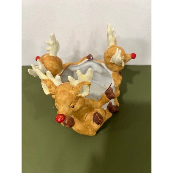 Three Rudolf the Red Nosed Reindeer Porcelain Candle Holder Candy Dish - Picture 2 of 4